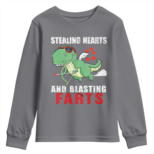 Valentine's Day Youth Sweatshirt Cute Dinosaur Cupid Stealing Hearts And Blasting Farts TS09 Charcoal Print Your Wear