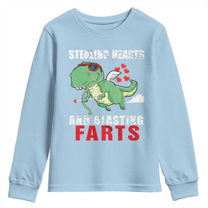 Valentine's Day Youth Sweatshirt Cute Dinosaur Cupid Stealing Hearts And Blasting Farts TS09 Light Blue Print Your Wear