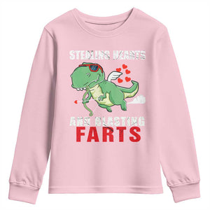 Valentine's Day Youth Sweatshirt Cute Dinosaur Cupid Stealing Hearts And Blasting Farts TS09 Light Pink Print Your Wear