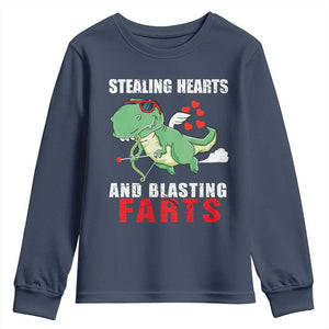 Valentine's Day Youth Sweatshirt Cute Dinosaur Cupid Stealing Hearts And Blasting Farts TS09 Navy Print Your Wear