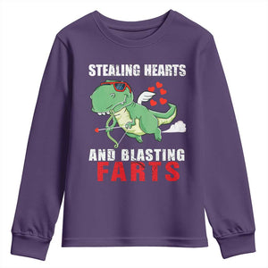 Valentine's Day Youth Sweatshirt Cute Dinosaur Cupid Stealing Hearts And Blasting Farts TS09 Purple Print Your Wear