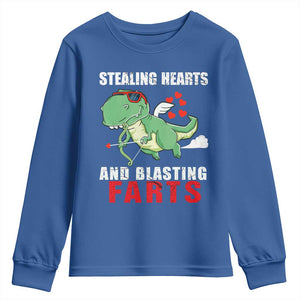 Valentine's Day Youth Sweatshirt Cute Dinosaur Cupid Stealing Hearts And Blasting Farts TS09 Royal Blue Print Your Wear