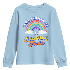 Valentine's Day Youth Sweatshirt Stealing Hearts And Blasting Fart Funny Rainbow Heart TS09 Light Blue Print Your Wear