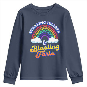 Valentine's Day Youth Sweatshirt Stealing Hearts And Blasting Fart Funny Rainbow Heart TS09 Navy Print Your Wear