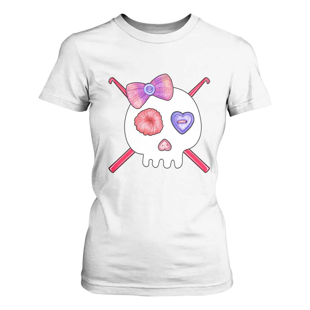 Cute Skull Crochet Knitting T Shirt For Women TS09 White Print Your Wear
