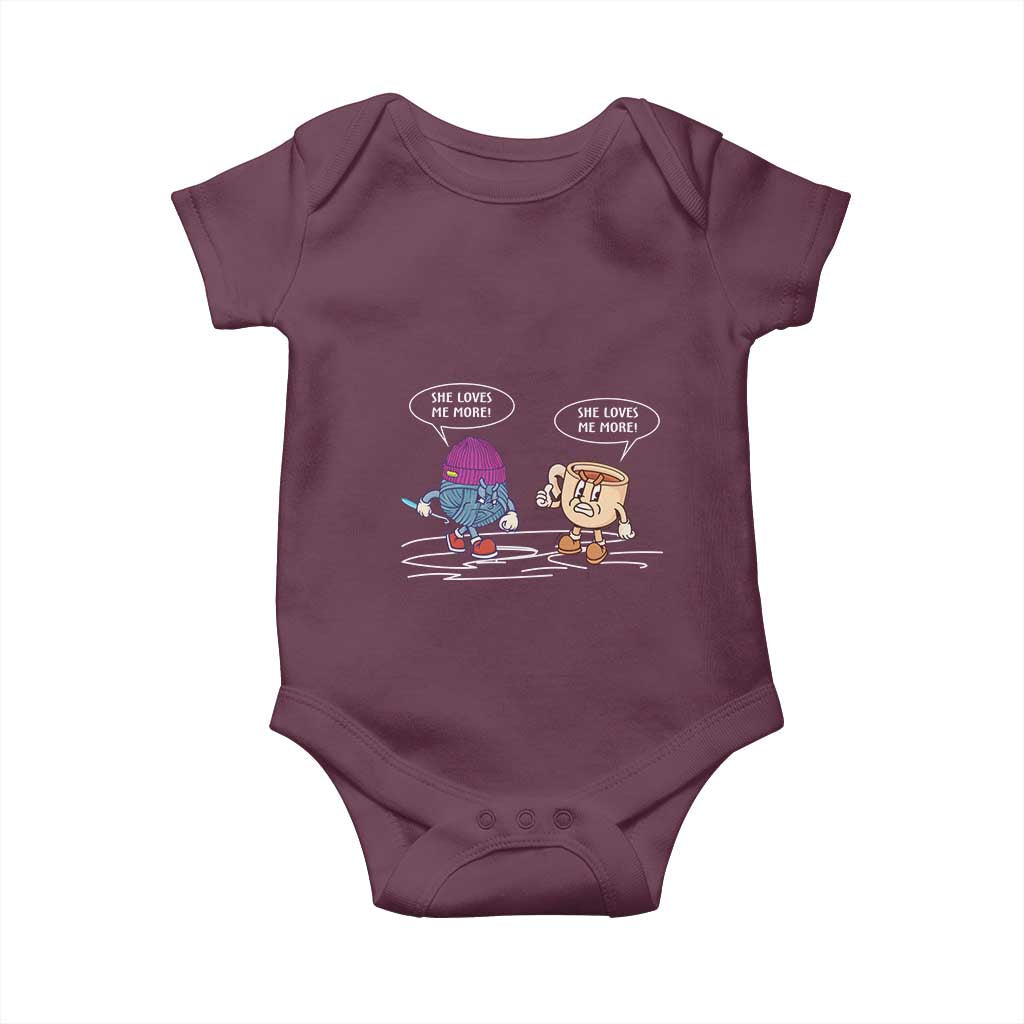 Funny Crochet Coffee Lover Baby Onesie She Loves Me More TS09 Maroon Print Your Wear