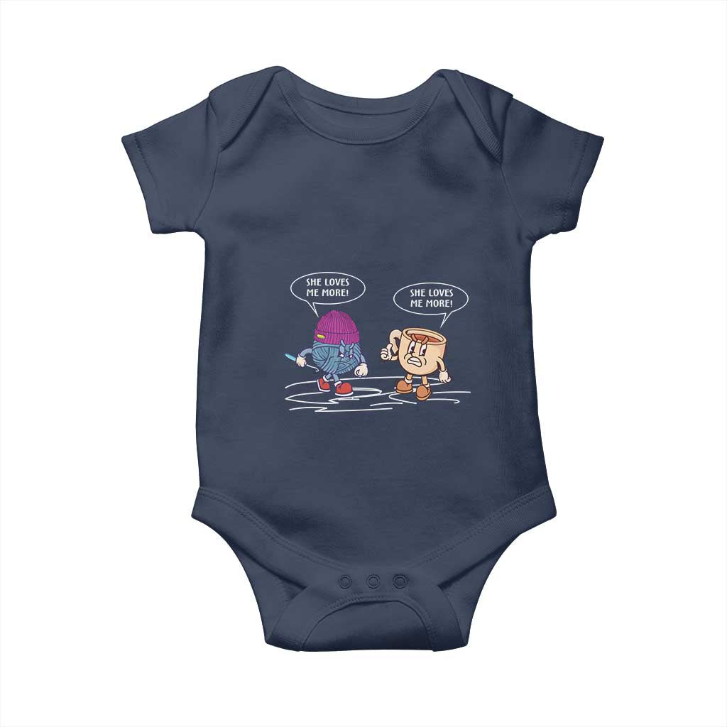 Funny Crochet Coffee Lover Baby Onesie She Loves Me More TS09 Navy Print Your Wear