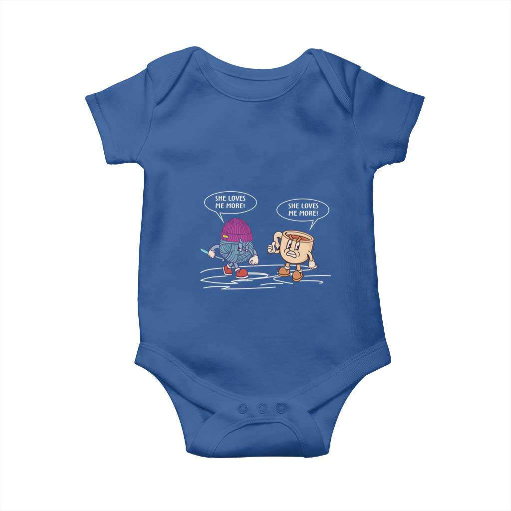 Funny Crochet Coffee Lover Baby Onesie She Loves Me More TS09 Royal Blue Print Your Wear