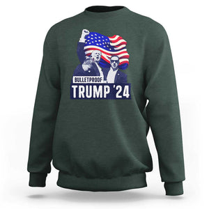 Trump Raised Fist Sweatshirt Bulletproof 2024 Stronger Trump American Flag TS09 Dark Forest Green Print Your Wear