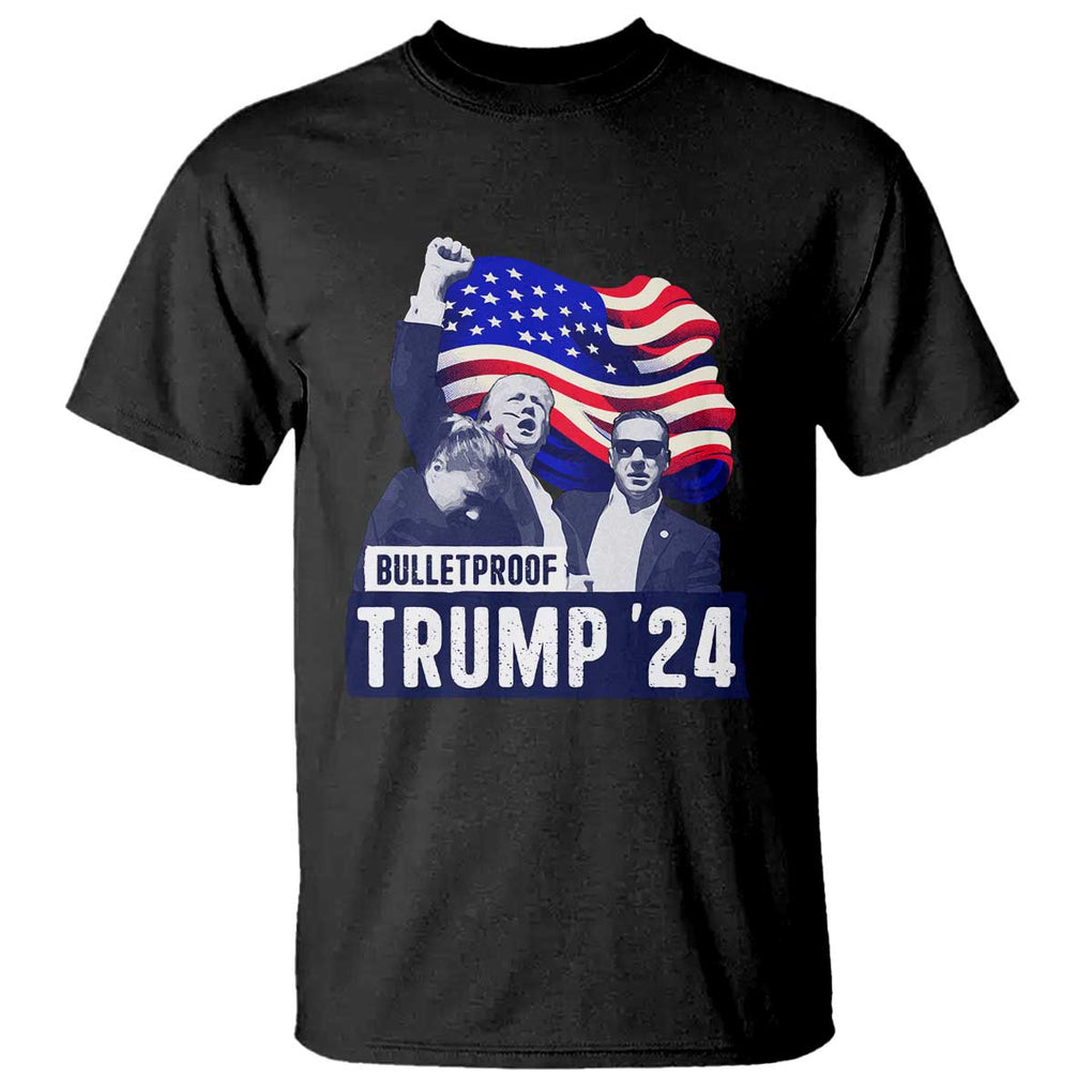 Trump Raised Fist T Shirt Bulletproof 2024 Stronger Trump American Flag TS09 Black Print Your Wear