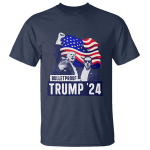 Trump Raised Fist T Shirt Bulletproof 2024 Stronger Trump American Flag TS09 Navy Print Your Wear