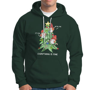 It's Fine We're Fine Everything's Fine Funny Gnomies Hoodie with Christmas Tree TS09 Dark Forest Green Printyourwear