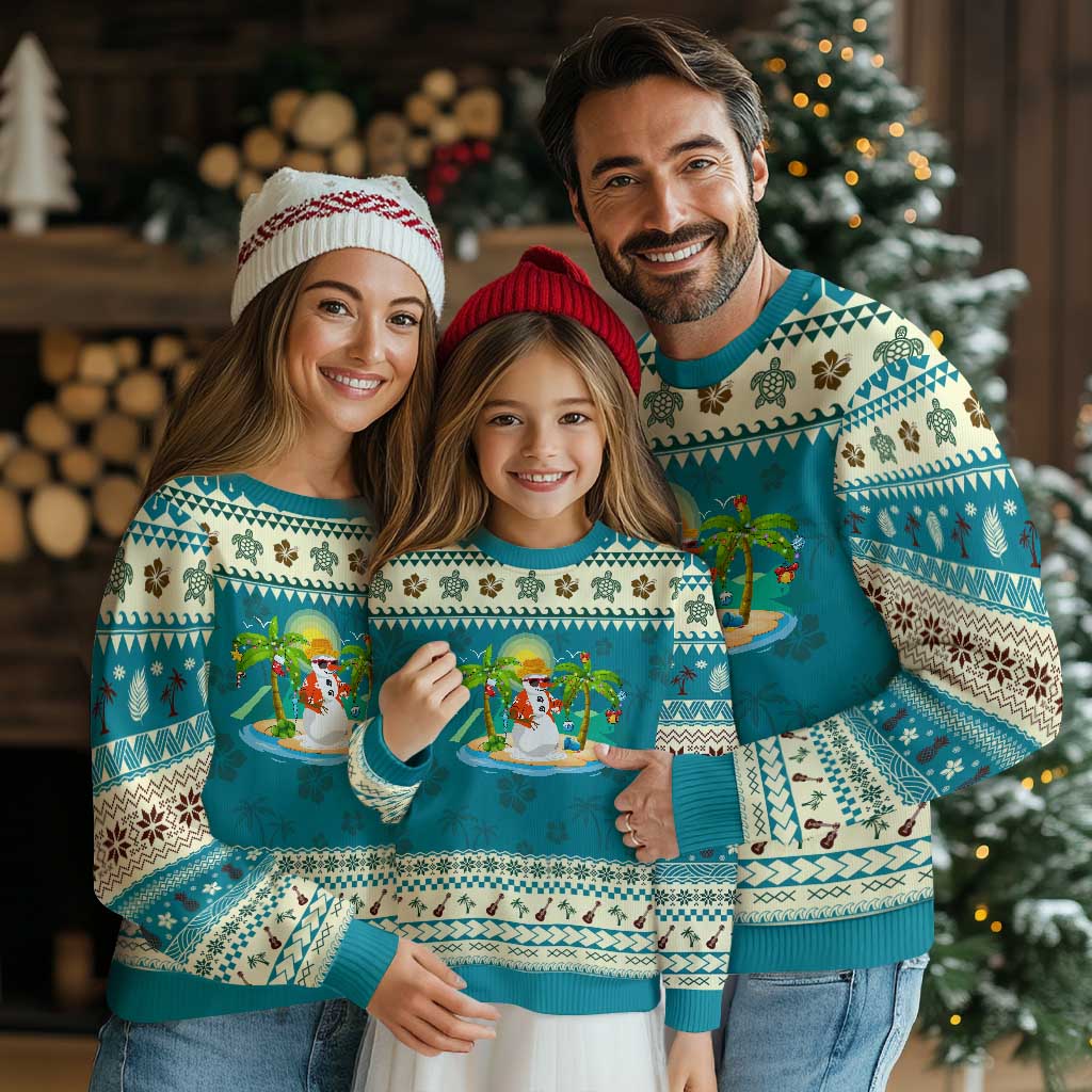 Xmas In Hawaii Ugly Christmas Sweater Hawaiian Snowman Xmas Palm Tree At The Beach TS09 Teal Print Your Wear