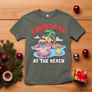 Funny Flamingo Float Santa Claus Christmas At The Beach T Shirt TS09 Military Green Printyourwear