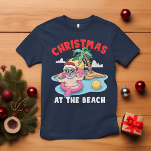 Funny Flamingo Float Santa Claus Christmas At The Beach T Shirt TS09 Navy Printyourwear