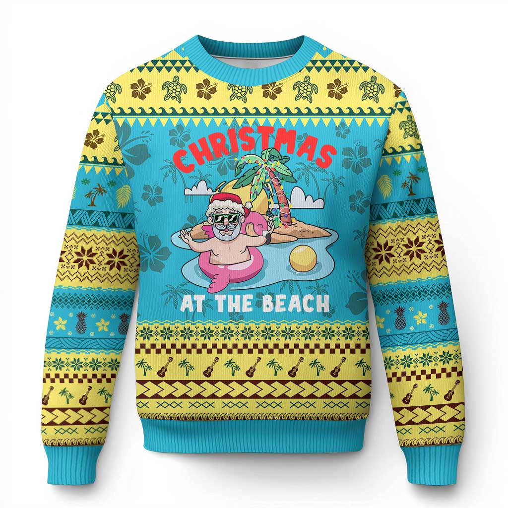 Christmas At The Beach Ugly Christmas Sweater Funny Santa Claus Flamingo Float Chilling TS09 Hawaii Print Your Wear