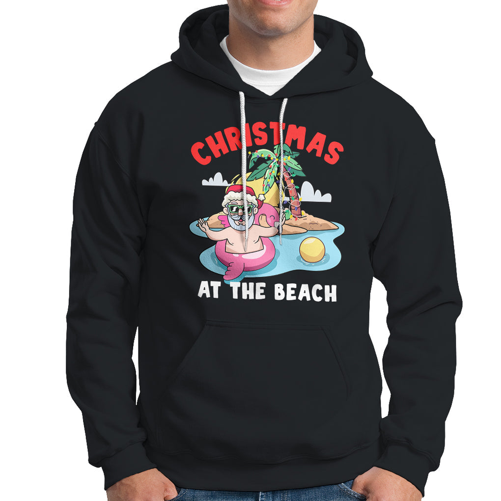 Funny Flamingo Float Santa Claus Christmas At The Beach Hoodie TS09 Black Printyourwear