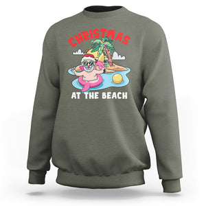 Funny Flamingo Float Santa Claus Christmas At The Beach Sweatshirt TS09 Military Green Printyourwear