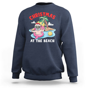 Funny Flamingo Float Santa Claus Christmas At The Beach Sweatshirt TS09 Navy Printyourwear