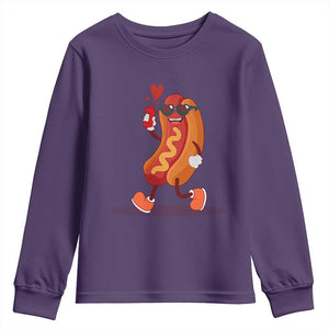 Valentine's Day Youth Sweatshirt Heart Hot Dog Cute Sausage Bun Food Lover TS09 Purple Print Your Wear