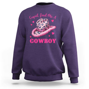 Valentine's Day Sweatshirt Cupid Find Me A Cowboy Western Heart Leopard Hat TS09 Purple Printyourwear