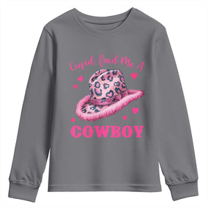 Valentine's Day Youth Sweatshirt Cupid Find Me A Cowboy Western Heart Leopard Hat TS09 Charcoal Print Your Wear