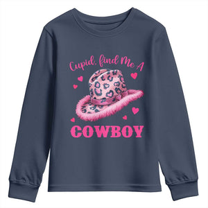 Valentine's Day Youth Sweatshirt Cupid Find Me A Cowboy Western Heart Leopard Hat TS09 Navy Print Your Wear