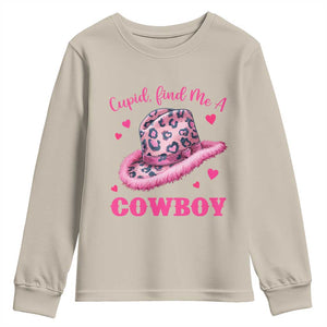 Valentine's Day Youth Sweatshirt Cupid Find Me A Cowboy Western Heart Leopard Hat TS09 Sand Print Your Wear