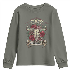 Valentine's Day Youth Sweatshirt Cupid Aim For A Cowboy Western TS09 Military Green Print Your Wear