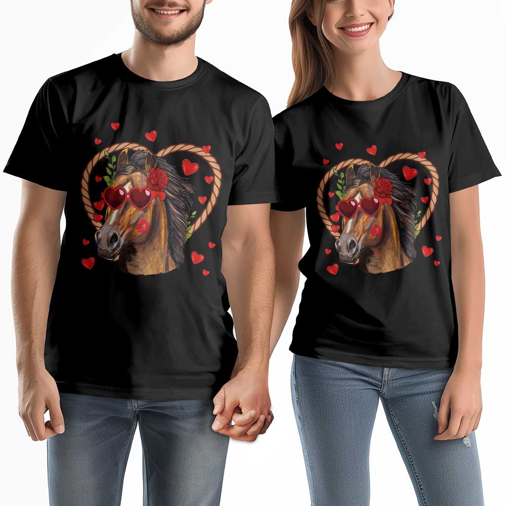 Valentine's Day Couple Matching T Shirt Funny Cute Horse Cowboy Western TS09 Black Print Your Wear