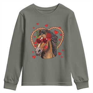 Valentine's Day Youth Sweatshirt Funny Cute Horse Cowboy Western TS09 Military Green Print Your Wear