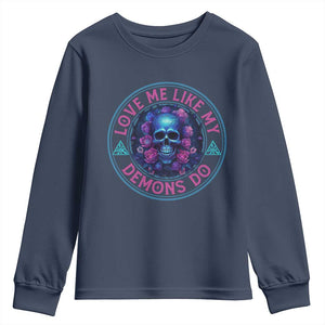 Valentine's Day Youth Sweatshirt Love Me Like My Demons Do Skull Rose Aesthestic TS09 Navy Print Your Wear