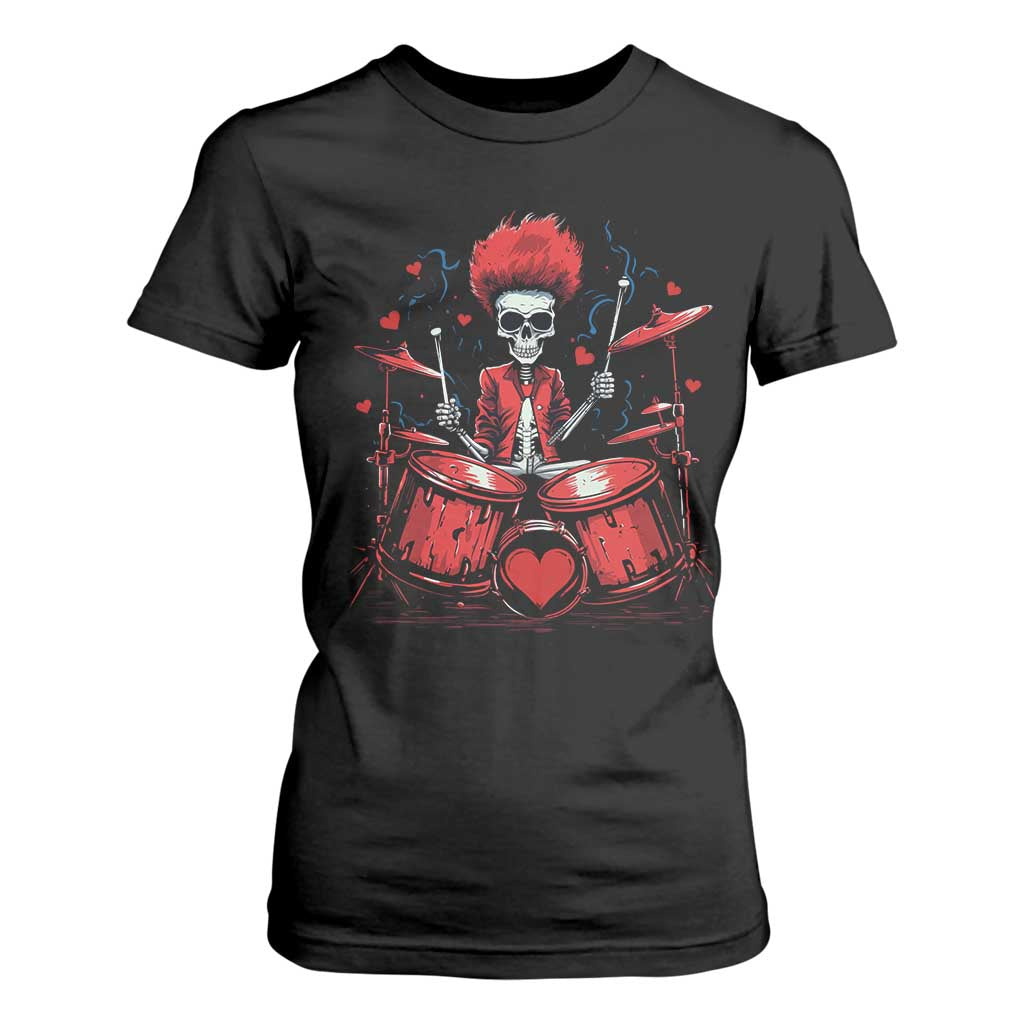 Valentine's Day T Shirt For Women Cool Skeleton Drummer Rock Lover TS09 Black Print Your Wear