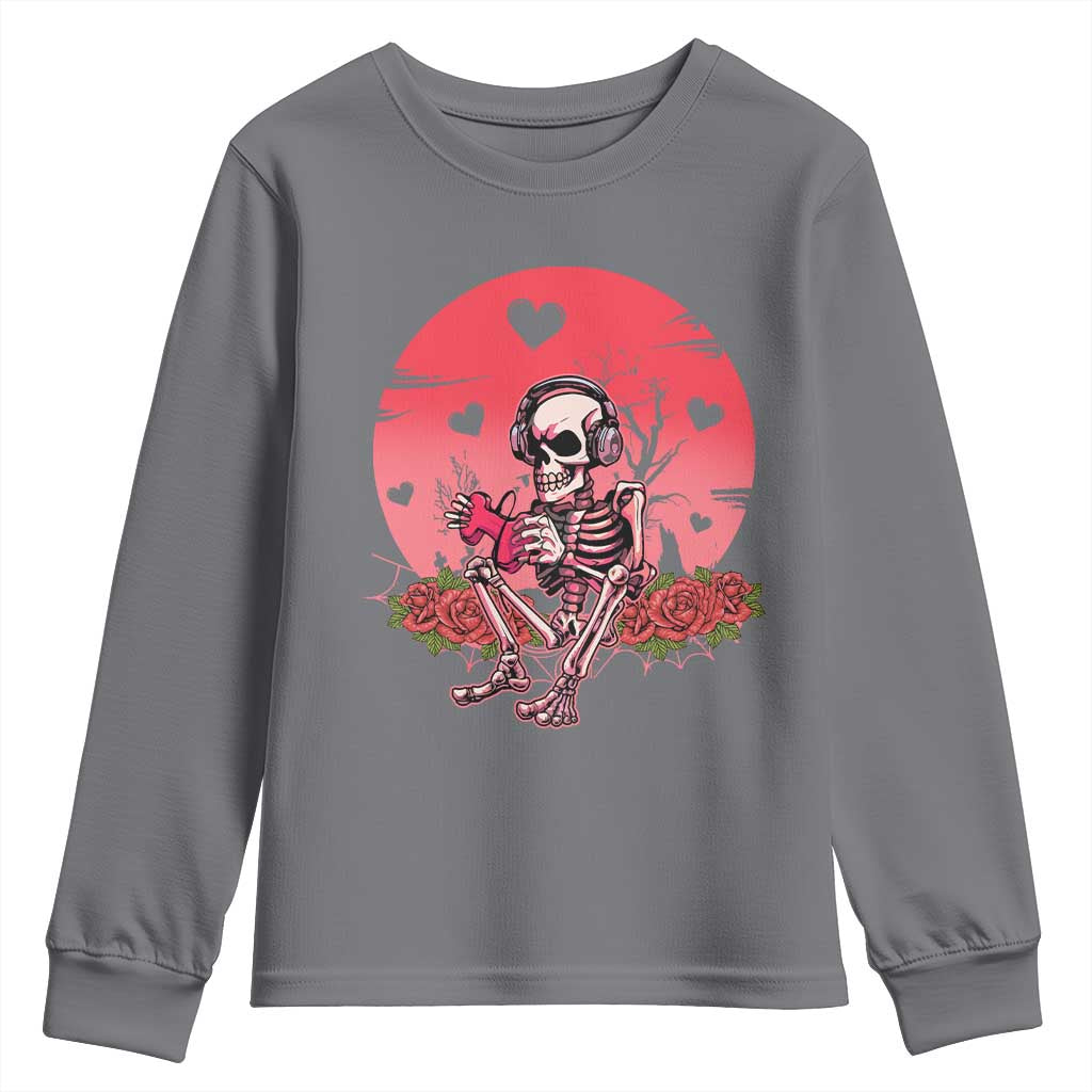 Anti Valentine's Day Youth Sweatshirt Skeleton Gamer Video Game TS09 Charcoal Print Your Wear