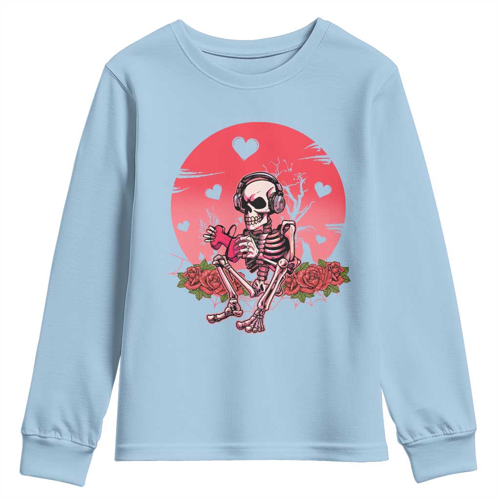 Anti Valentine's Day Youth Sweatshirt Skeleton Gamer Video Game TS09 Light Blue Print Your Wear