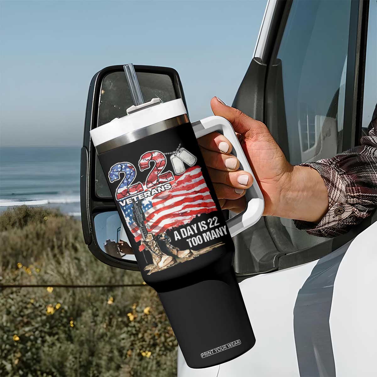 Veteran Suicide Awareness Tumbler With Handle 22 Veterans A Day Too Many PTSD TS09 Print Your Wear