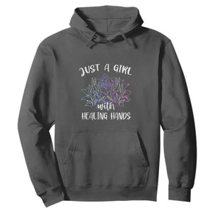 Masseuse Hoodie Just a Girl with Healing Hands Massage Therapy TS09 Dark Heather Print Your Wear