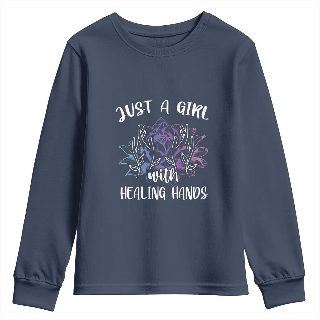 Masseuse Youth Sweatshirt Just a Girl with Healing Hands Massage Therapy TS09 Navy Print Your Wear