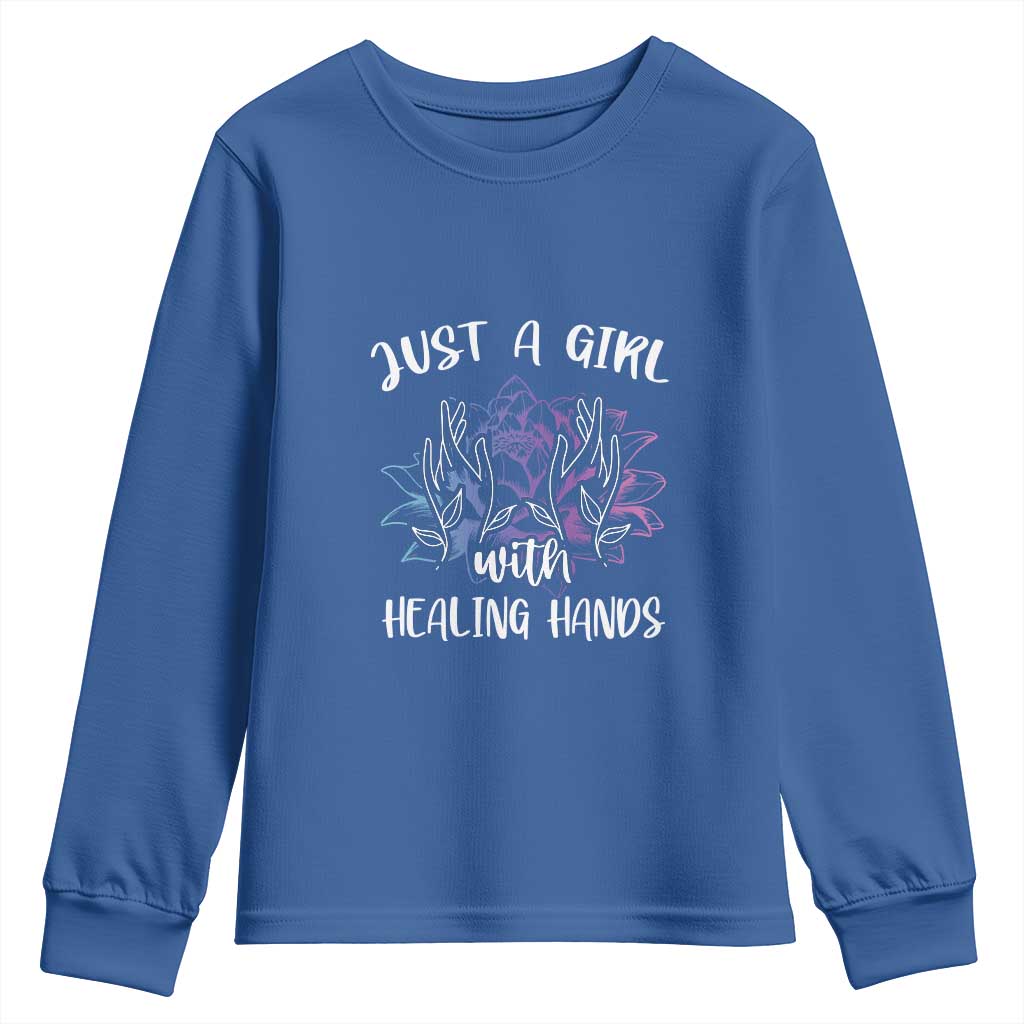Masseuse Youth Sweatshirt Just a Girl with Healing Hands Massage Therapy TS09 Royal Blue Print Your Wear