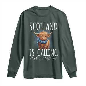 Scotland is Calling and I must Go Highland Cow Long Sleeve Shirt TS09 Dark Forest Green Print Your Wear