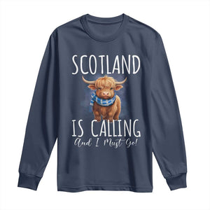 Scotland is Calling and I must Go Highland Cow Long Sleeve Shirt TS09 Navy Print Your Wear