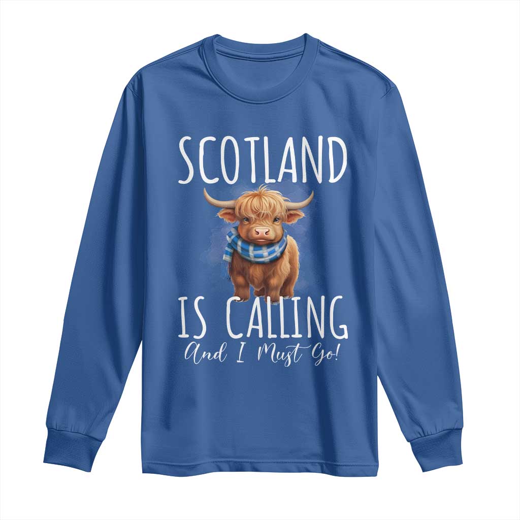 Scotland is Calling and I must Go Highland Cow Long Sleeve Shirt TS09 Royal Blue Print Your Wear