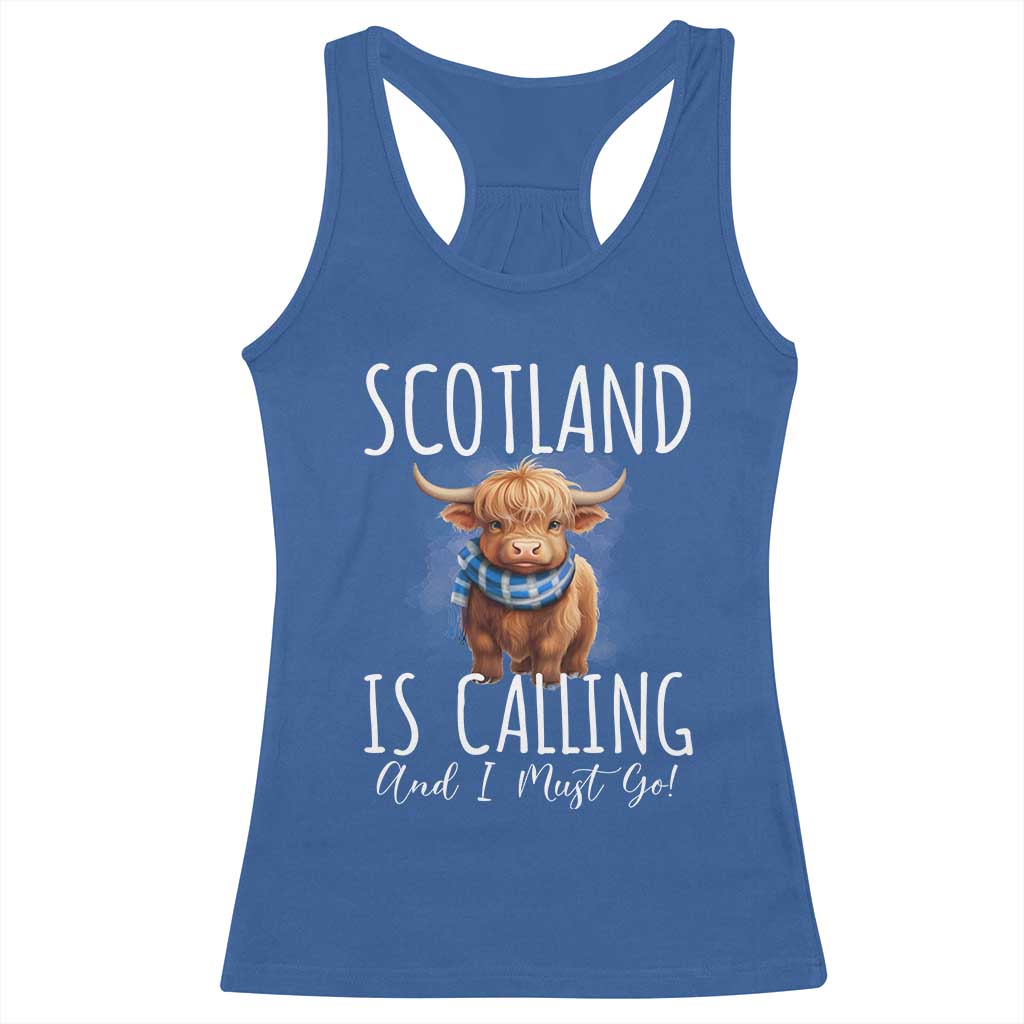 Scotland is Calling and I must Go Highland Cow Racerback Tank Top TS09 Royal Blue Print Your Wear