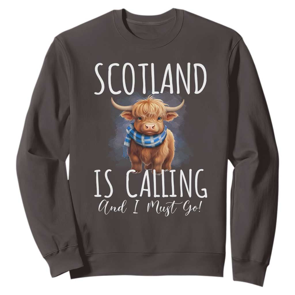 Scotland is Calling and I must Go Highland Cow Sweatshirt TS09 Dark Chocolate Print Your Wear