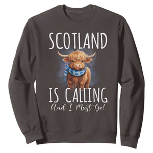 Scotland is Calling and I must Go Highland Cow Sweatshirt TS09 Dark Chocolate Print Your Wear