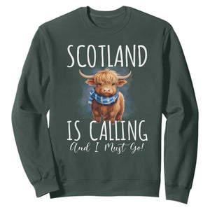 Scotland is Calling and I must Go Highland Cow Sweatshirt TS09 Dark Forest Green Print Your Wear