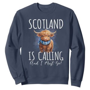 Scotland is Calling and I must Go Highland Cow Sweatshirt TS09 Navy Print Your Wear