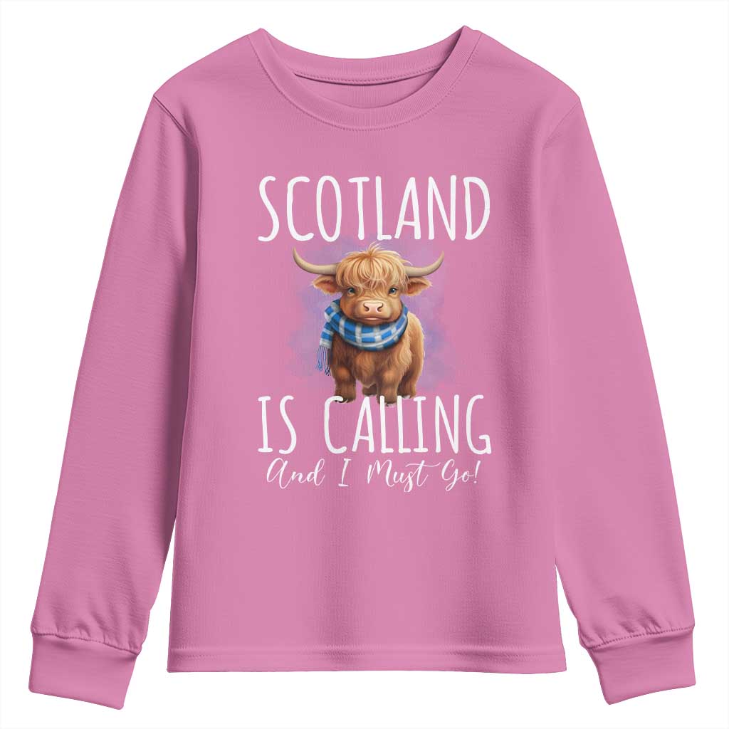 Scotland is Calling and I must Go Highland Cow Youth Sweatshirt TS09 Azalea Print Your Wear