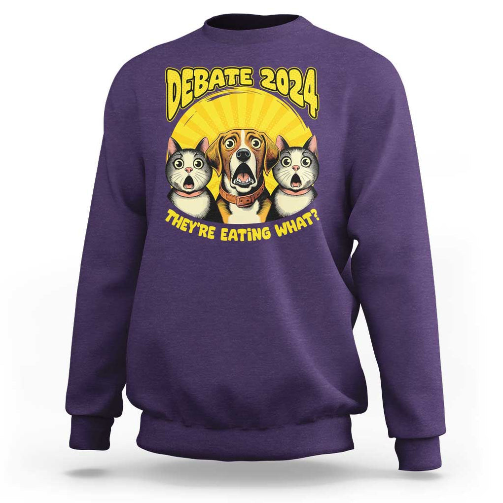 President Debate 2024 Sweatshirt Funny Dogs and Cats They're Eating What TS09 Purple Print Your Wear