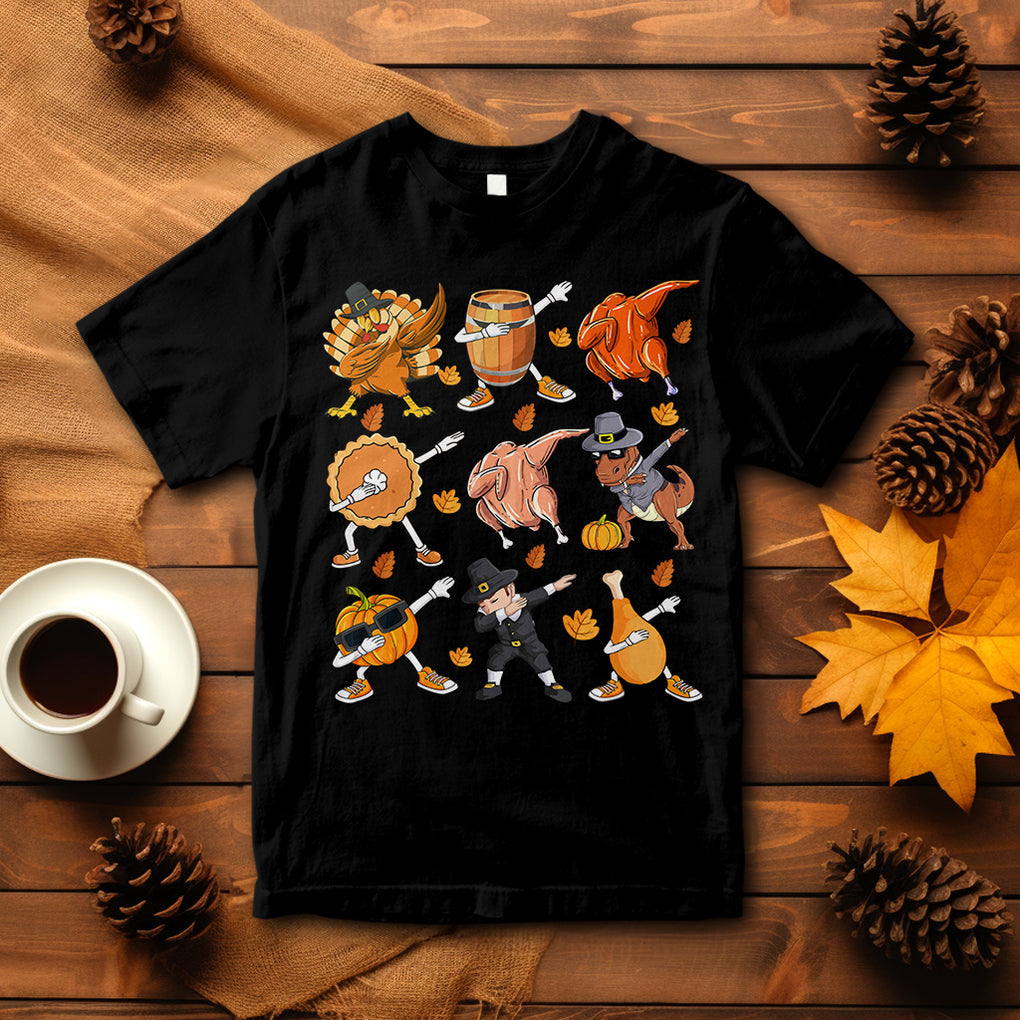 Dabbing Turkey T Rex Pilgrim Pumpkin Pie Funny Thanksgiving T Shirt TS09 Black Printyourwear